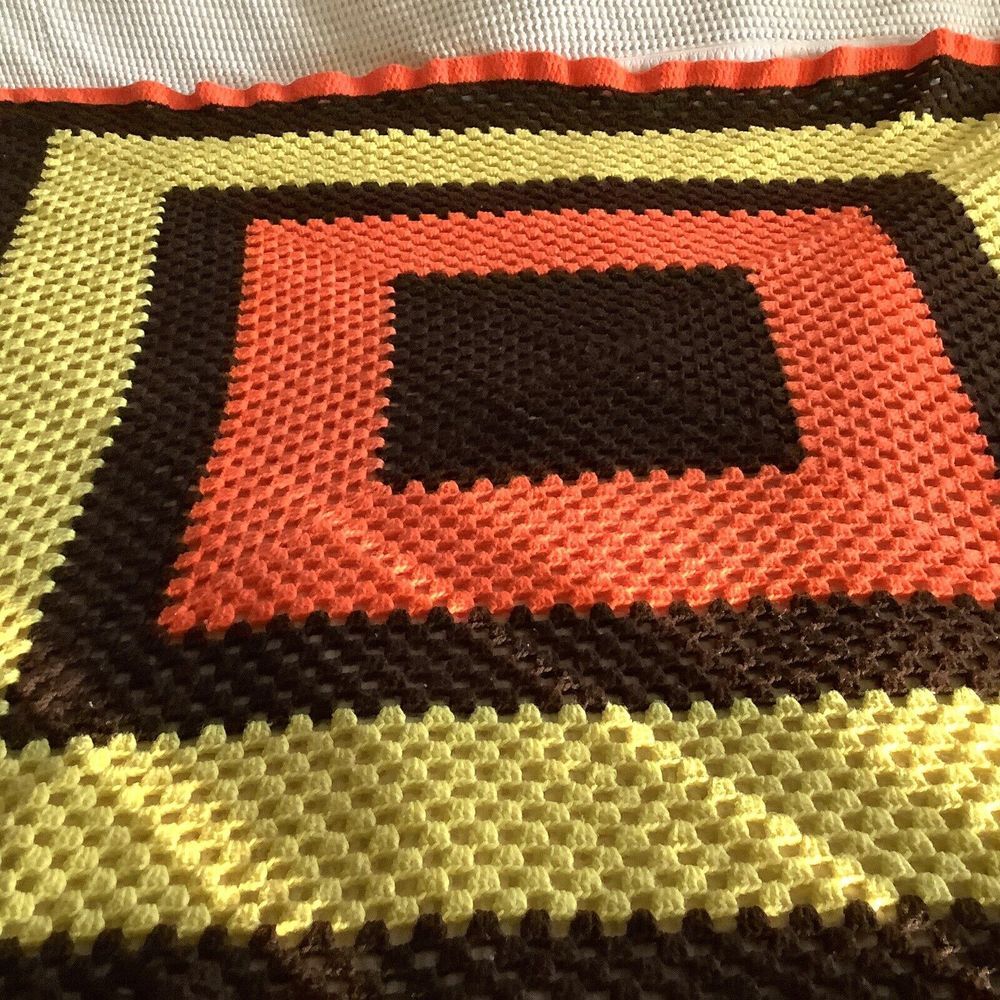 Handmade Blanket‎ Crochet Afghan Throw Brown Yellow Orange 62x56" Vintage